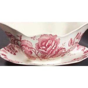 English Chippendale Red Pink Gravy Boat with Attached Underplate